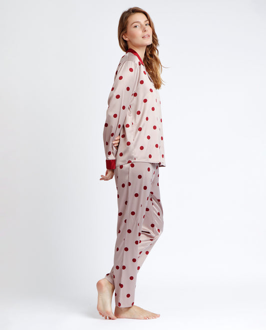 Pijama Abierto Manga Larga Satin Elegant Dots para Mujer