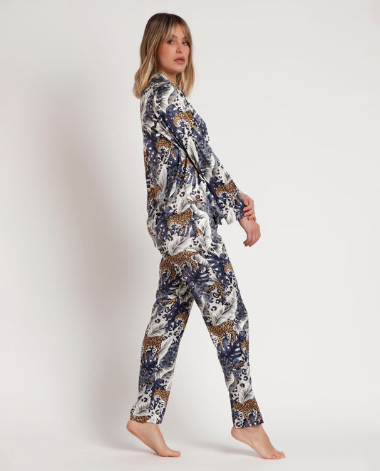 LUXURY Pijama Abierto Manga Larga Luxury Leopard para Mujer