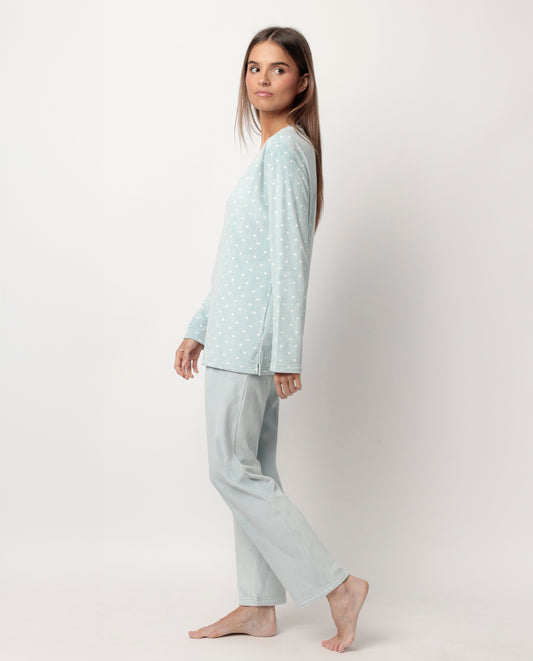 Pijama Manga Larga Velvet Pico Dots Lace Verde para Mujer