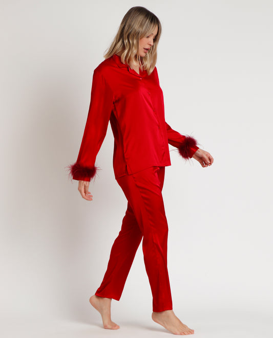 Pijama Abierto Manga Larga Plumas Marabu Christmas Rojo Luxe para Mujer
