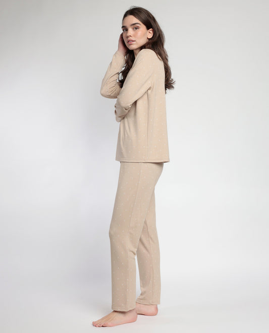 Pijama Beige Manga Larga Pico Moons para Mujer
