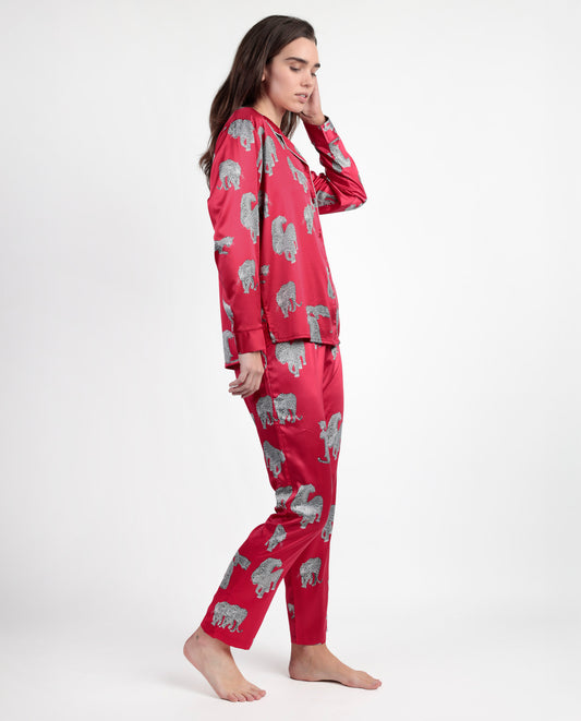 LUXURY Pijama Manga Larga Abierto Satinado Jungle Fever para Mujer