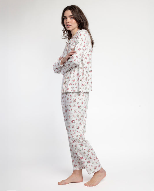 Pijama Manga Larga Abierto Solapa Dots & Flowers para Mujer