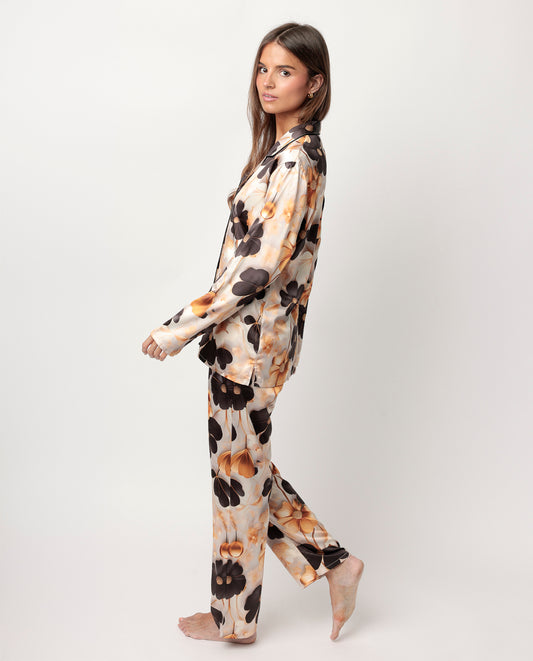 LUXURY Pijama Manga Larga Abierto Satinado Luxury Flowers para Mujer
