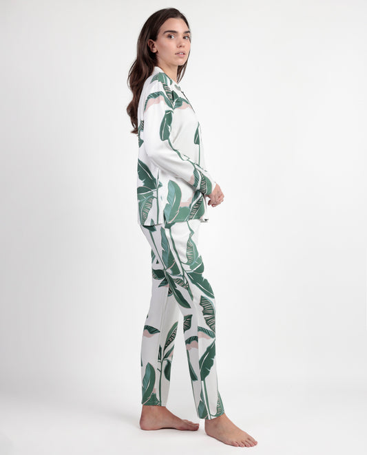 LUXURY Pijama Manga Larga Abierto Popelín Luxury Leaves para Mujer