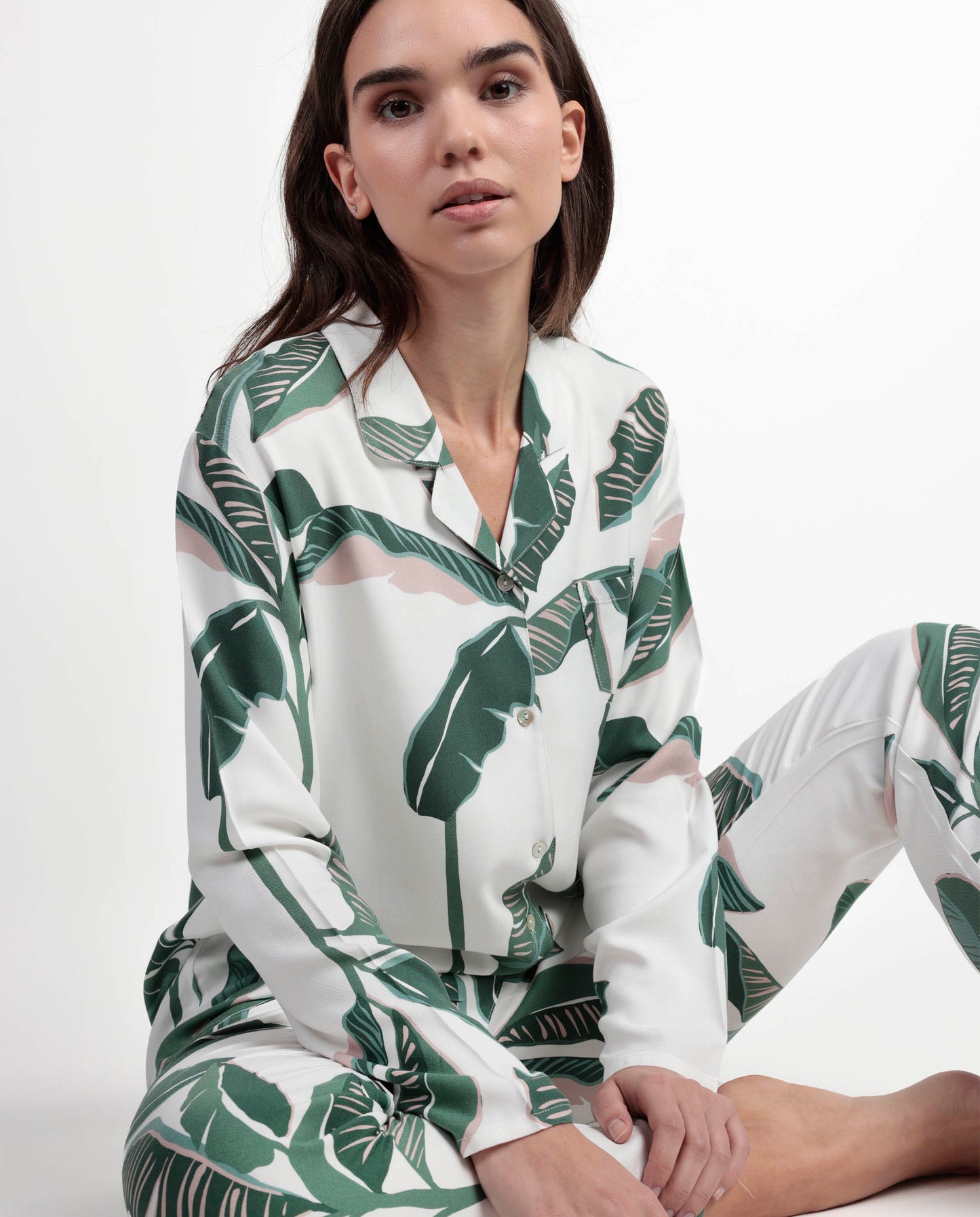 LUXURY Pijama Manga Larga Abierto Popelín Luxury Leaves para Mujer