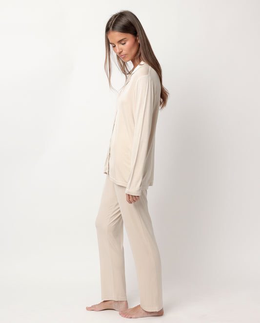 LUXURY Pijama Manga Larga Abierto Liso cava para Mujer