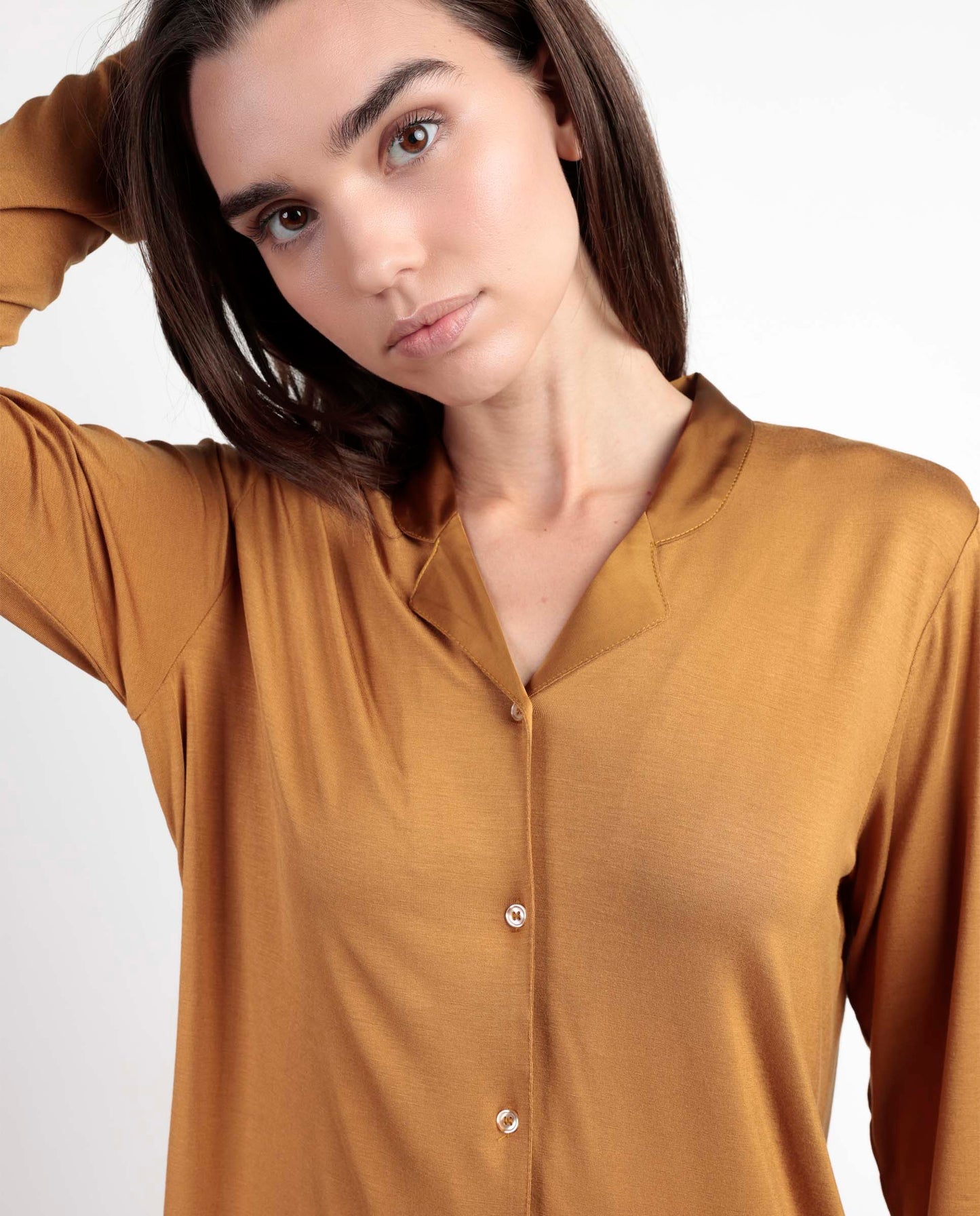 LUXURY Pijama Manga Larga Abierto Liso cobre para Mujer