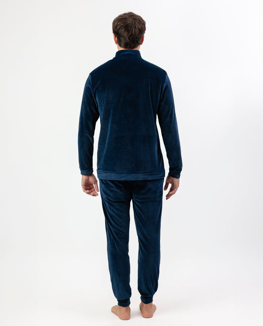 Pijama Manga Larga Terciopelo Cuello Alto Corduroy Azul para Hombre