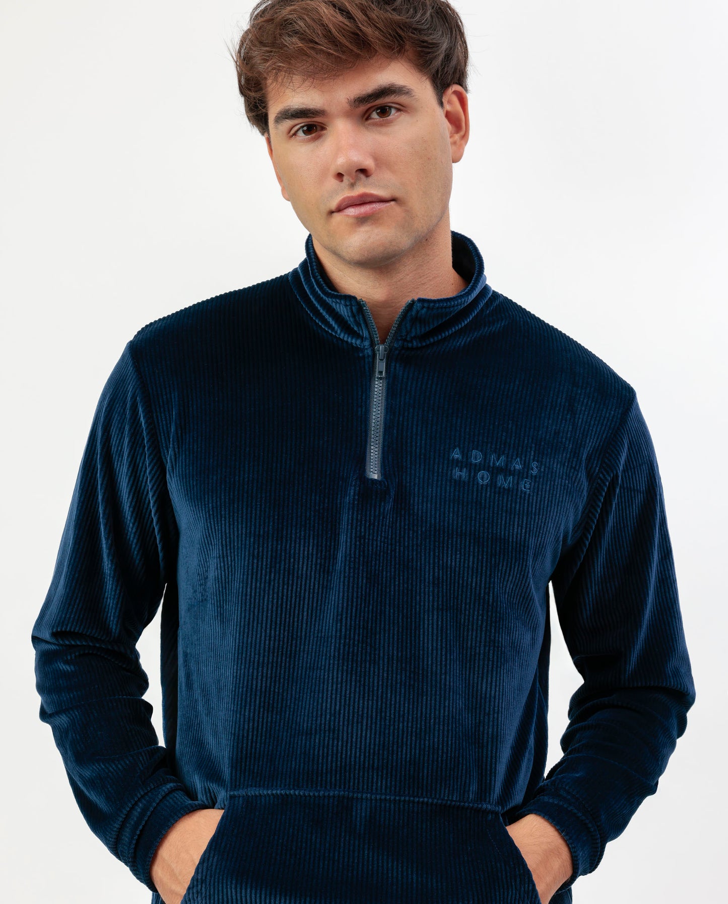 Pijama Manga Larga Terciopelo Cuello Alto Corduroy Azul para Hombre