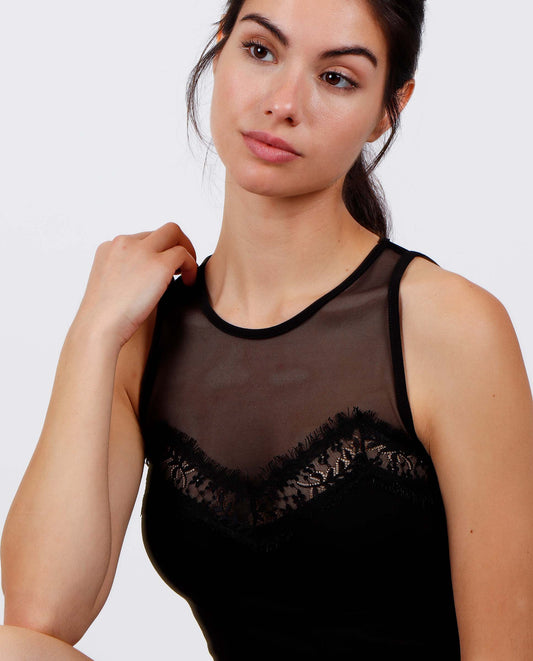 Camiseta Blonda Sin Mangas Escote Tul para Mujer