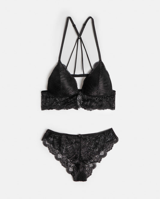 Conjunto Top Triangulo y Braguita Puntilla Negro para Mujer