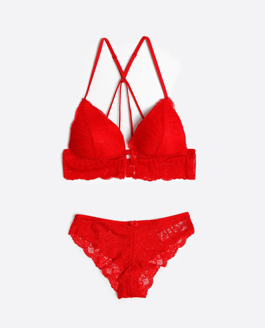 Conjunto Top Triangulo y Braguita Puntilla Rojo para Mujer