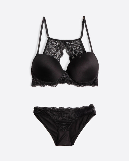 Conjunto Sujetador Push Up y Braguita Ondas Negro para Mujer