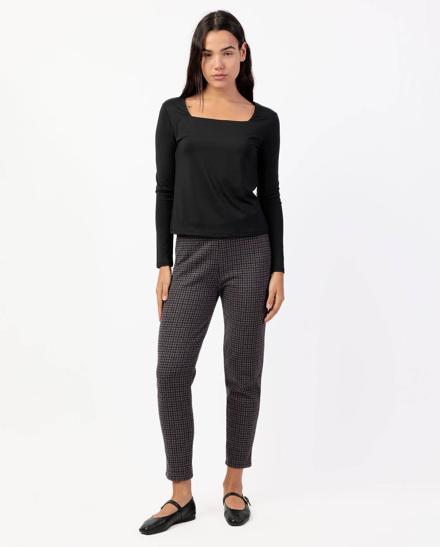 Pantalón Elástico Largo Pata de Gallo Granate para Mujer