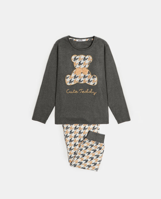 Pijama Gris Manga Larga Cute Teddy Gris para Niña