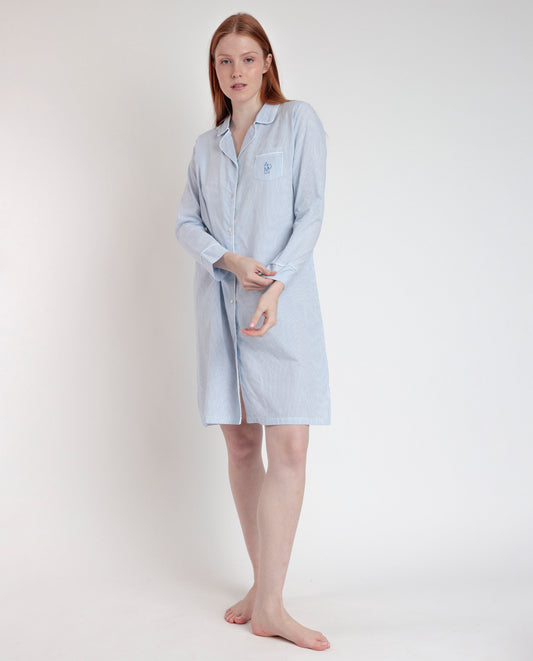 Camisola Manga Larga Abierta Popelín Stripes Azul para Mujer