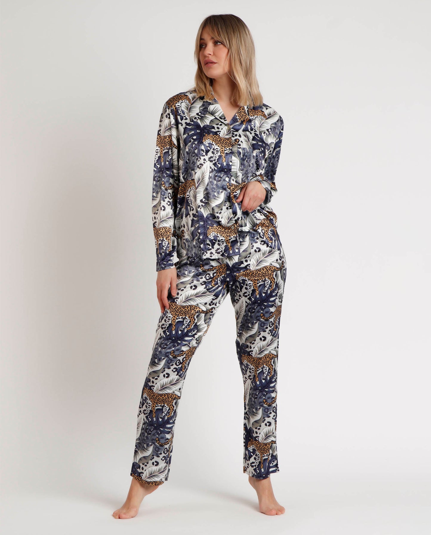LUXURY Pijama Abierto Manga Larga Luxury Leopard para Mujer