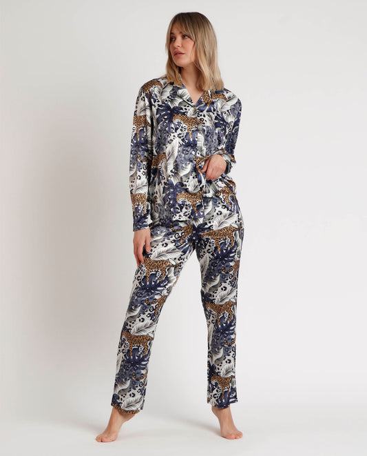 LUXURY Pijama Abierto Manga Larga Luxury Leopard para Mujer
