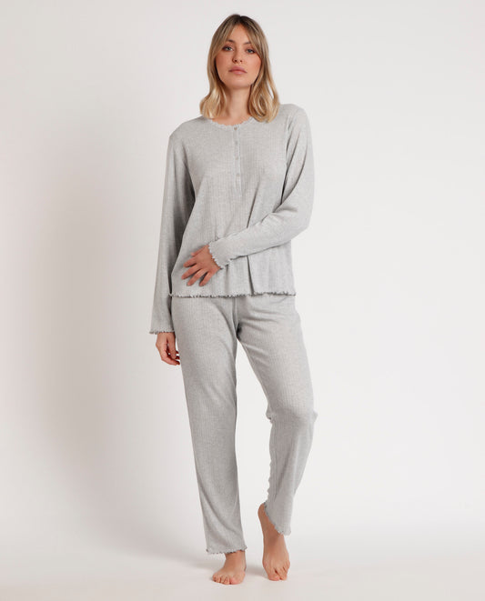 Pijama Manga Larga Tapeta Soft Canalé Gris para Mujer