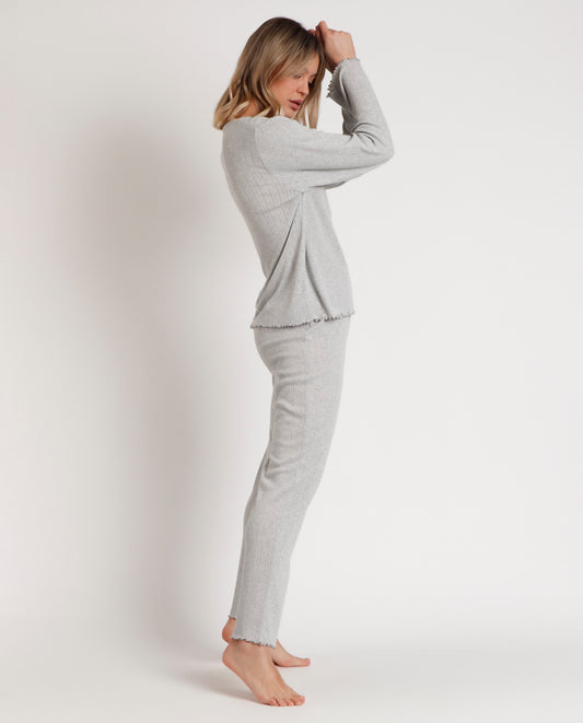 Pijama Manga Larga Tapeta Soft Canalé Gris para Mujer