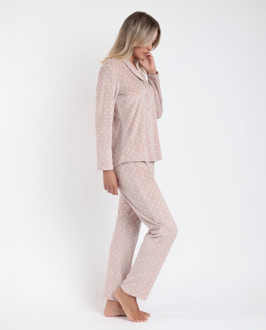 Pijama Abierto Manga Larga Velvet Pico Dots Lace Piedra para Mujer