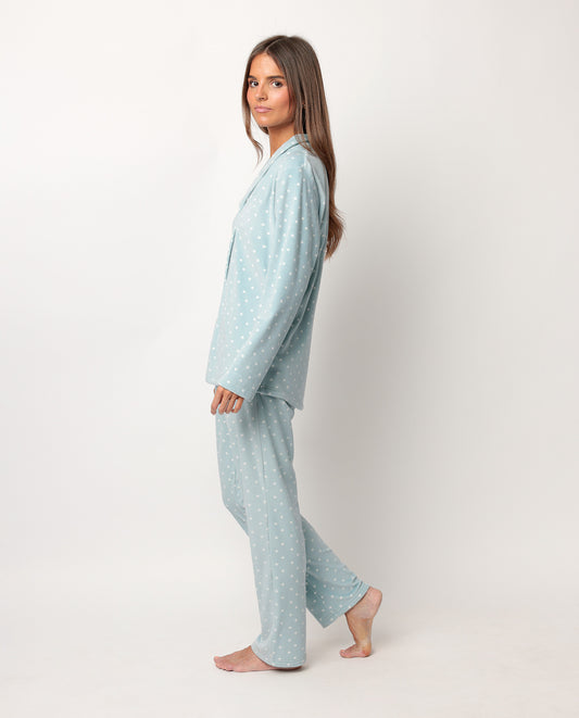 Pijama Abierto Manga Larga Velvet Pico Dots Lace Verde para Mujer