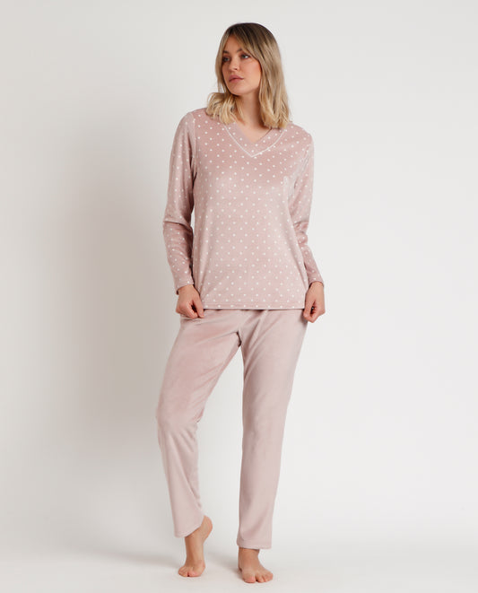 Pijama Manga Larga Velvet Pico Dots Lace para Mujer