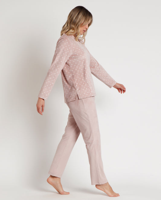Pijama Manga Larga Velvet Pico Dots Lace para Mujer
