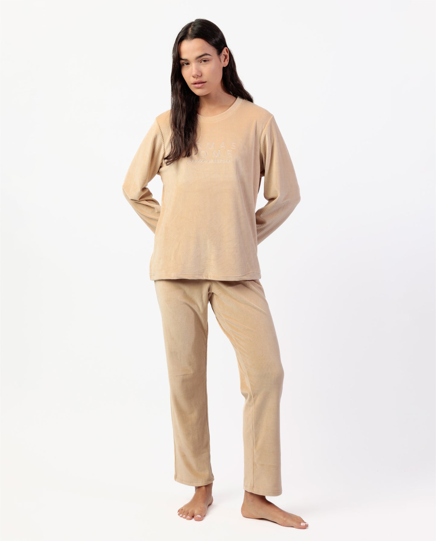Pijama Manga Larga Terciopelo Adm Beige para Mujer