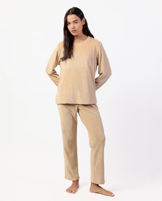 Pijama Manga Larga Terciopelo Adm Beige para Mujer