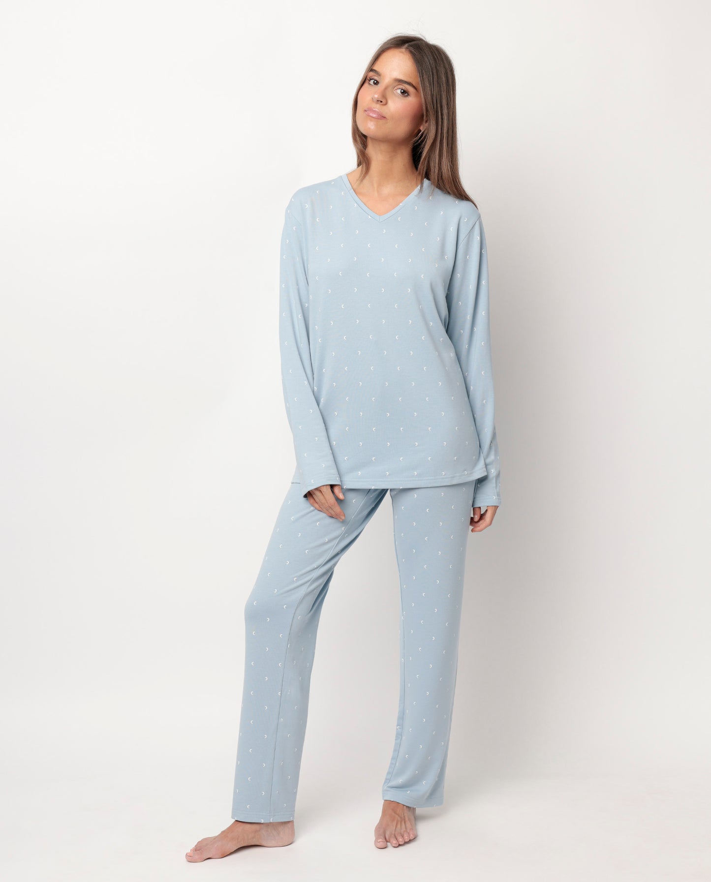 Pijama Azul Manga Larga Pico Moons para Mujer