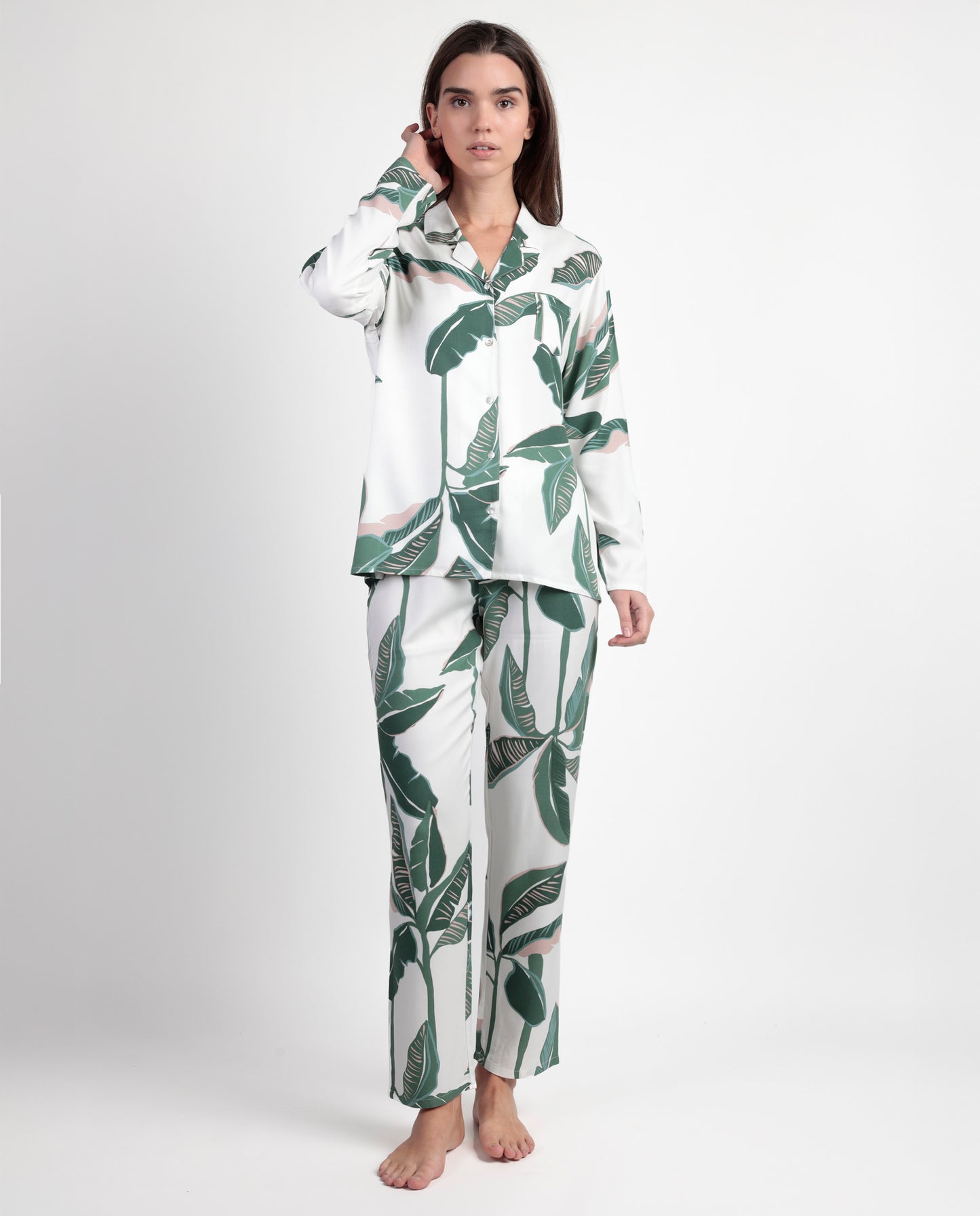 LUXURY Pijama Manga Larga Abierto Popelín Luxury Leaves para Mujer