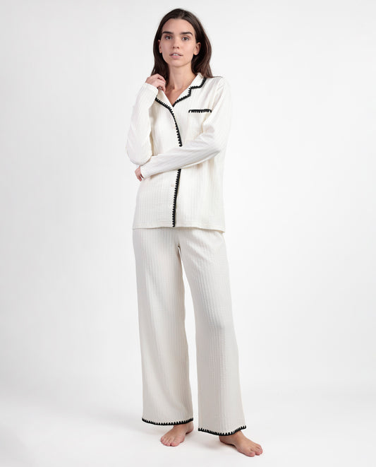 LUXURY Pijama Manga Larga Abierto Stitching Crudo para Mujer