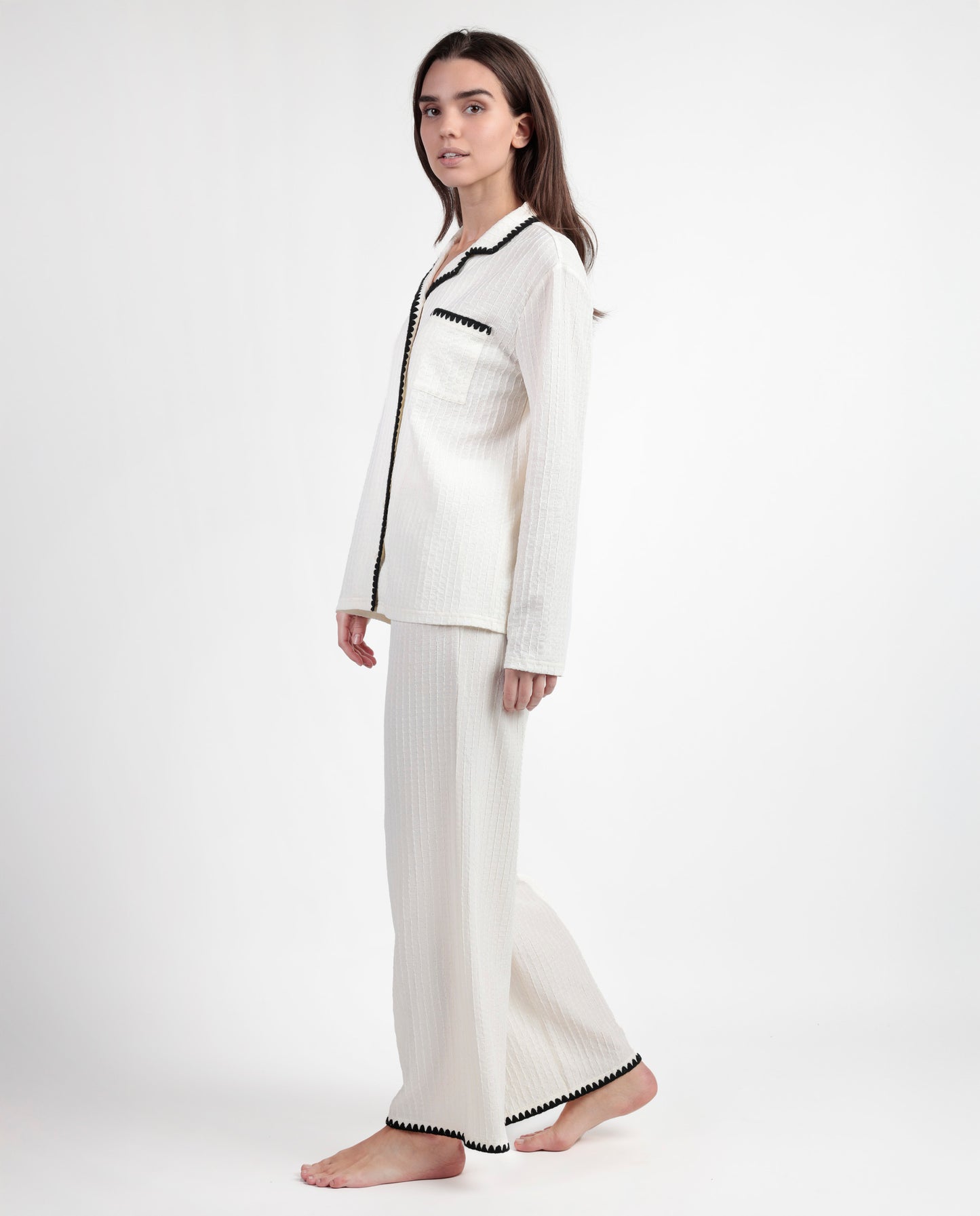 LUXURY Pijama Manga Larga Abierto Stitching Crudo para Mujer