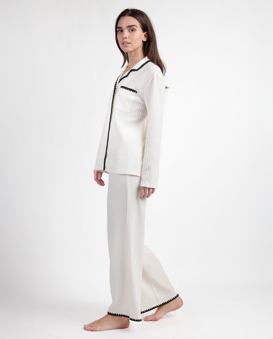 LUXURY Pijama Manga Larga Abierto Stitching Crudo para Mujer