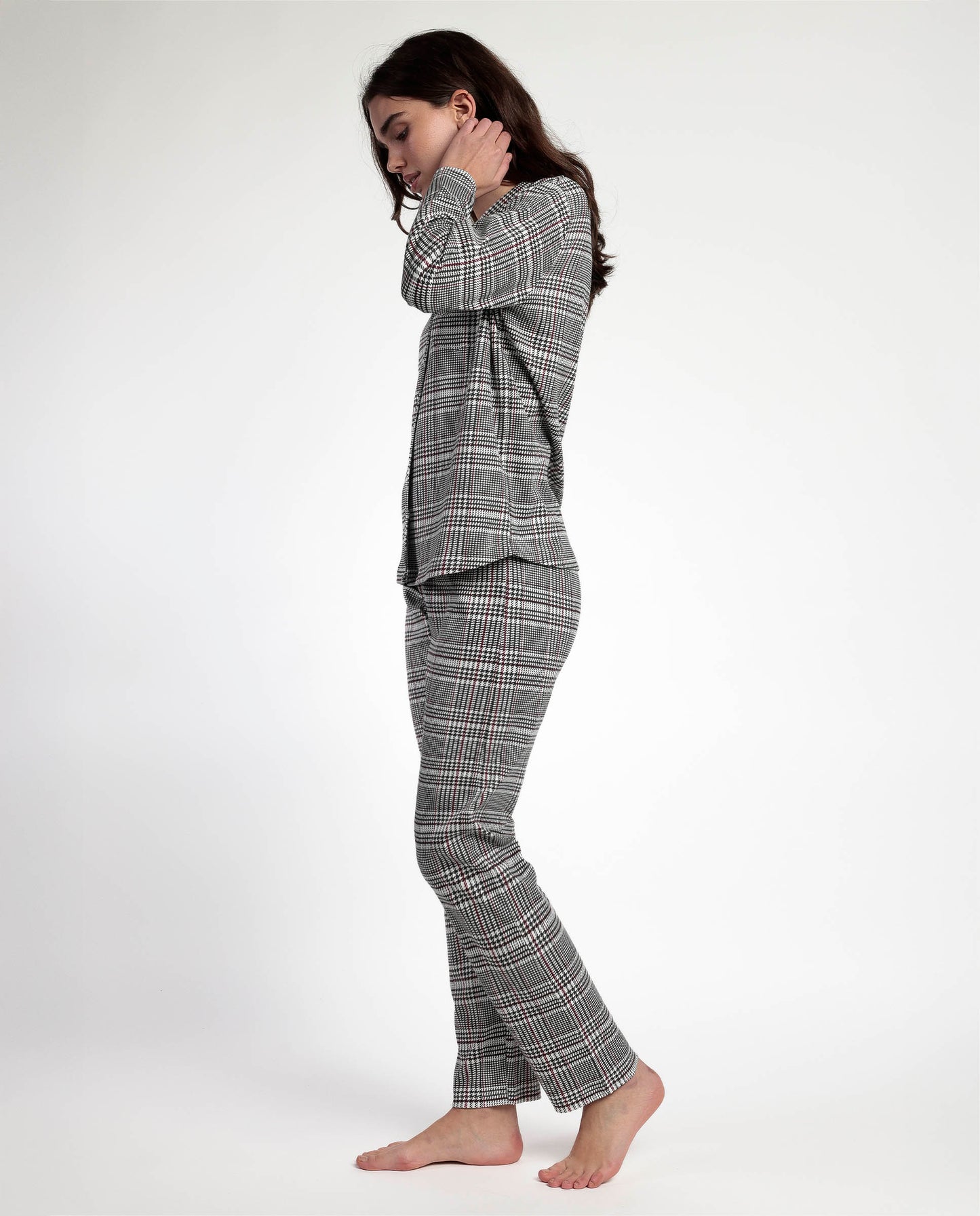 Pijama Manga Larga Abierto Houndstooth para Mujer