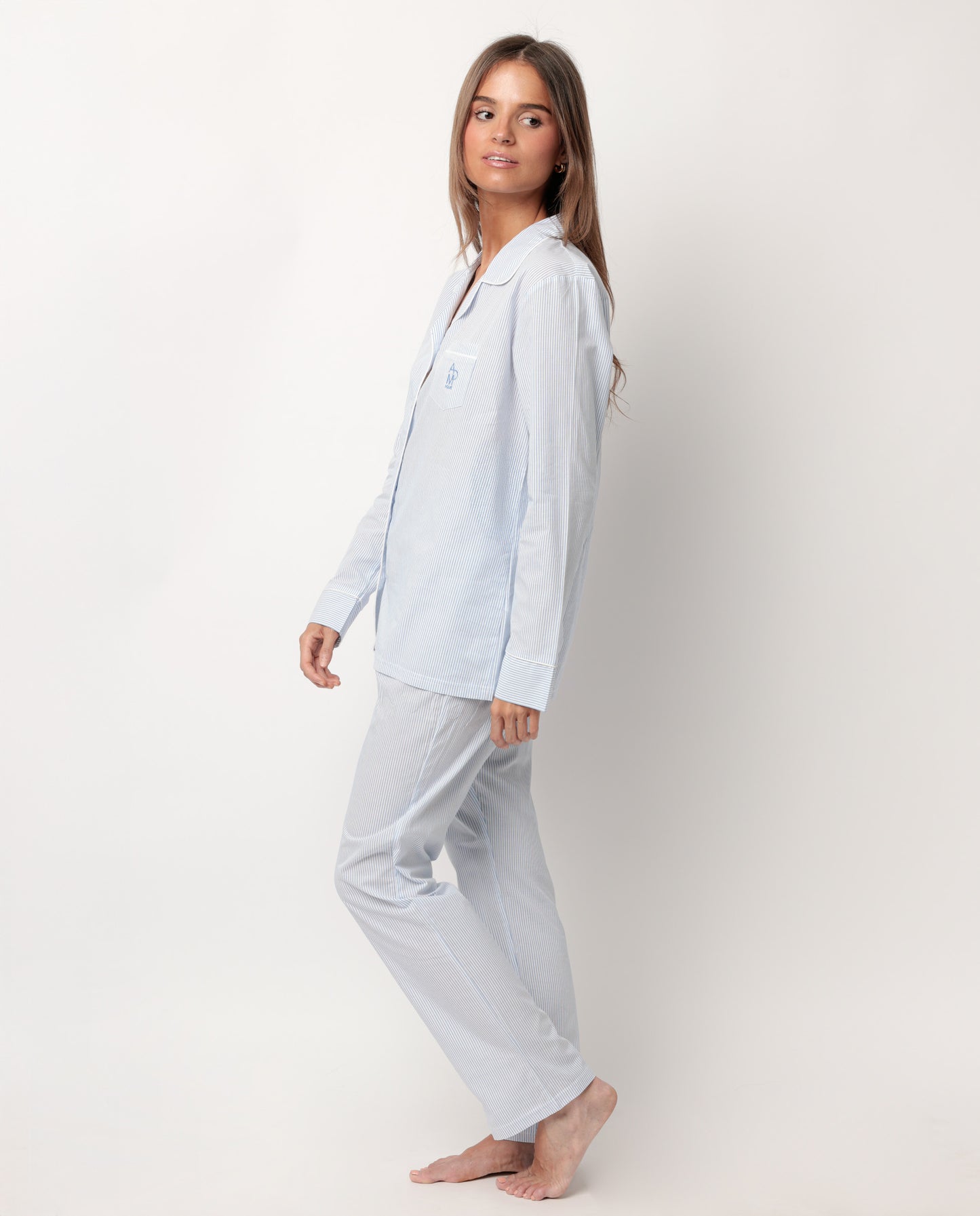 Pijama Manga Larga Abierto Popelín Stripes Azul para Mujer