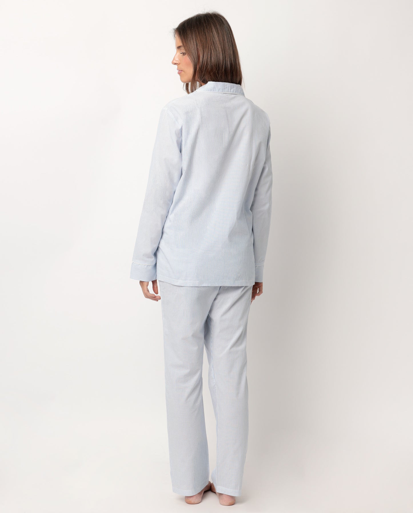 Pijama Manga Larga Abierto Popelín Stripes Azul para Mujer
