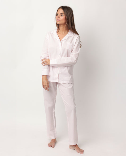 Pijama Manga Larga Abierto Popelín Stripes Rosa para Mujer