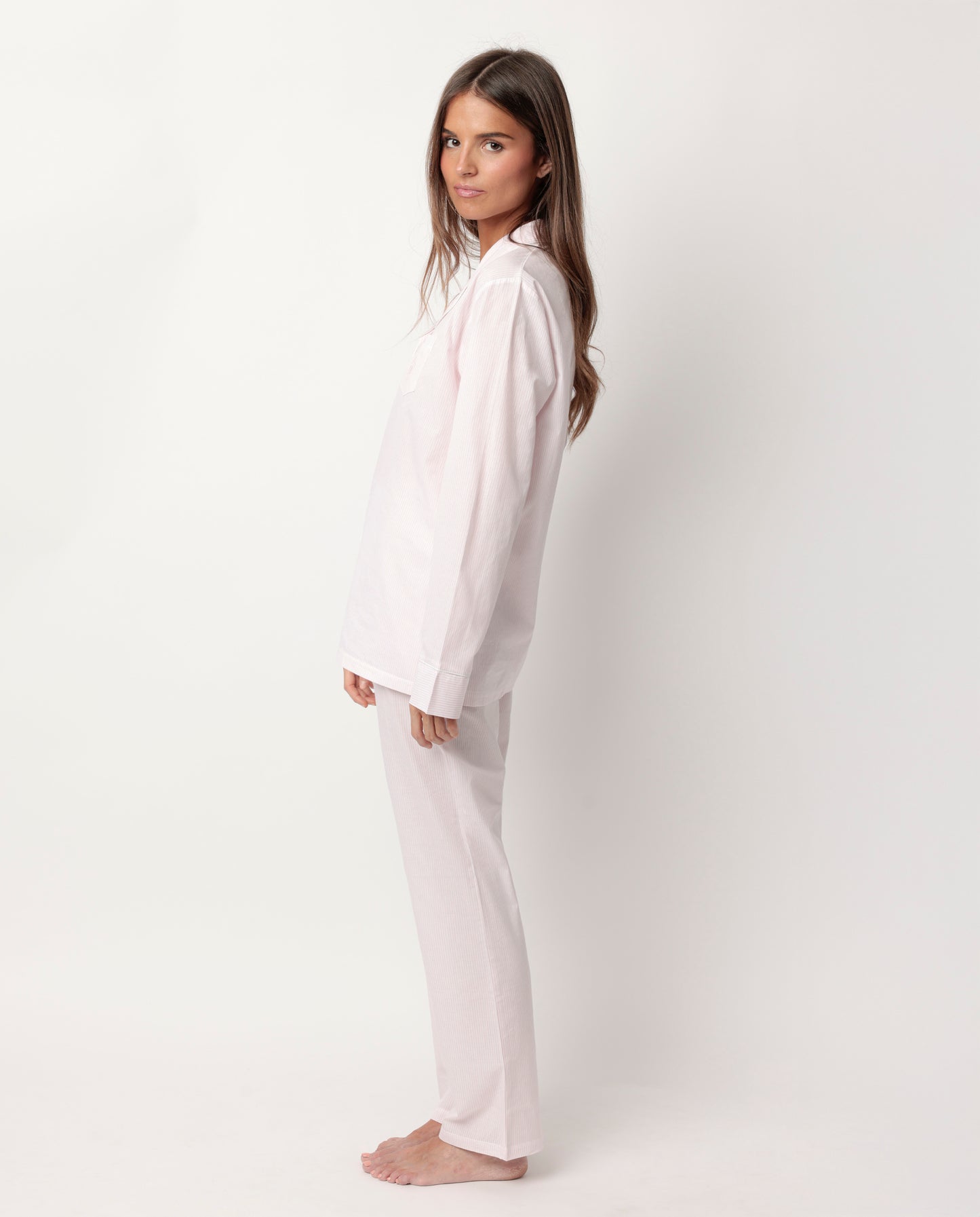 Pijama Manga Larga Abierto Popelín Stripes Rosa para Mujer