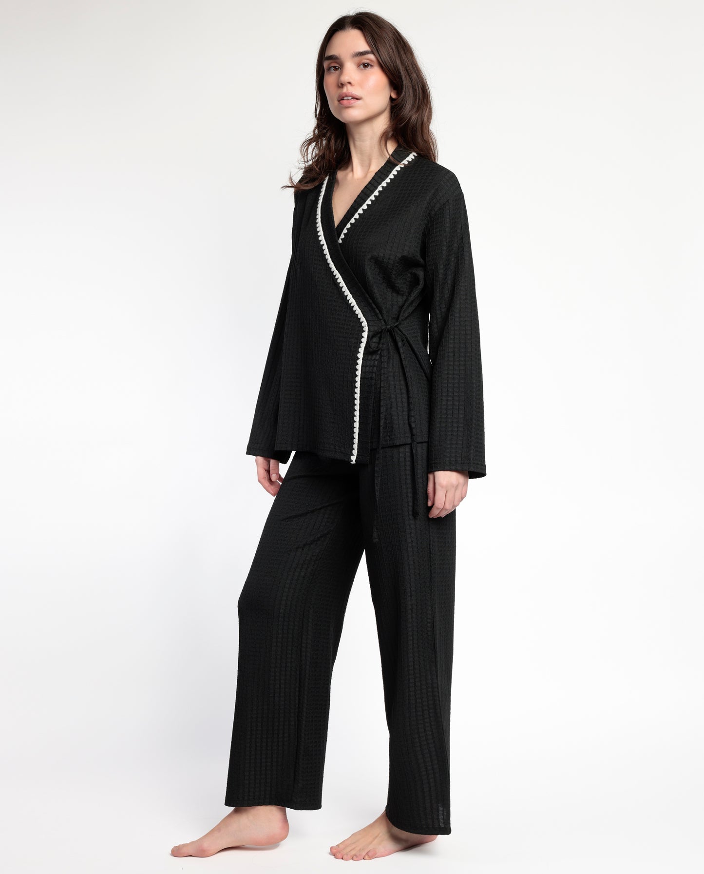 LUXURY Pijama Manga Larga Abierto Cruzado Stitching para Mujer