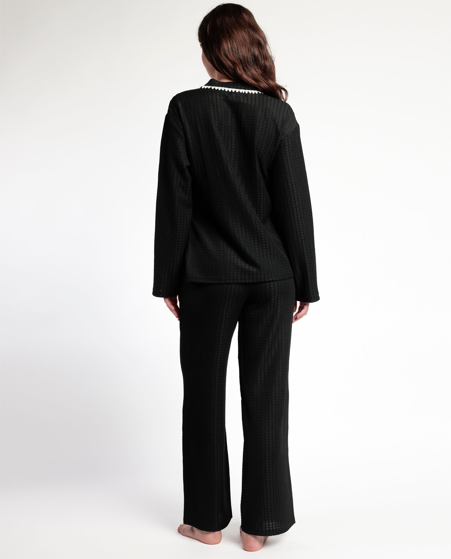 LUXURY Pijama Manga Larga Abierto Cruzado Stitching para Mujer