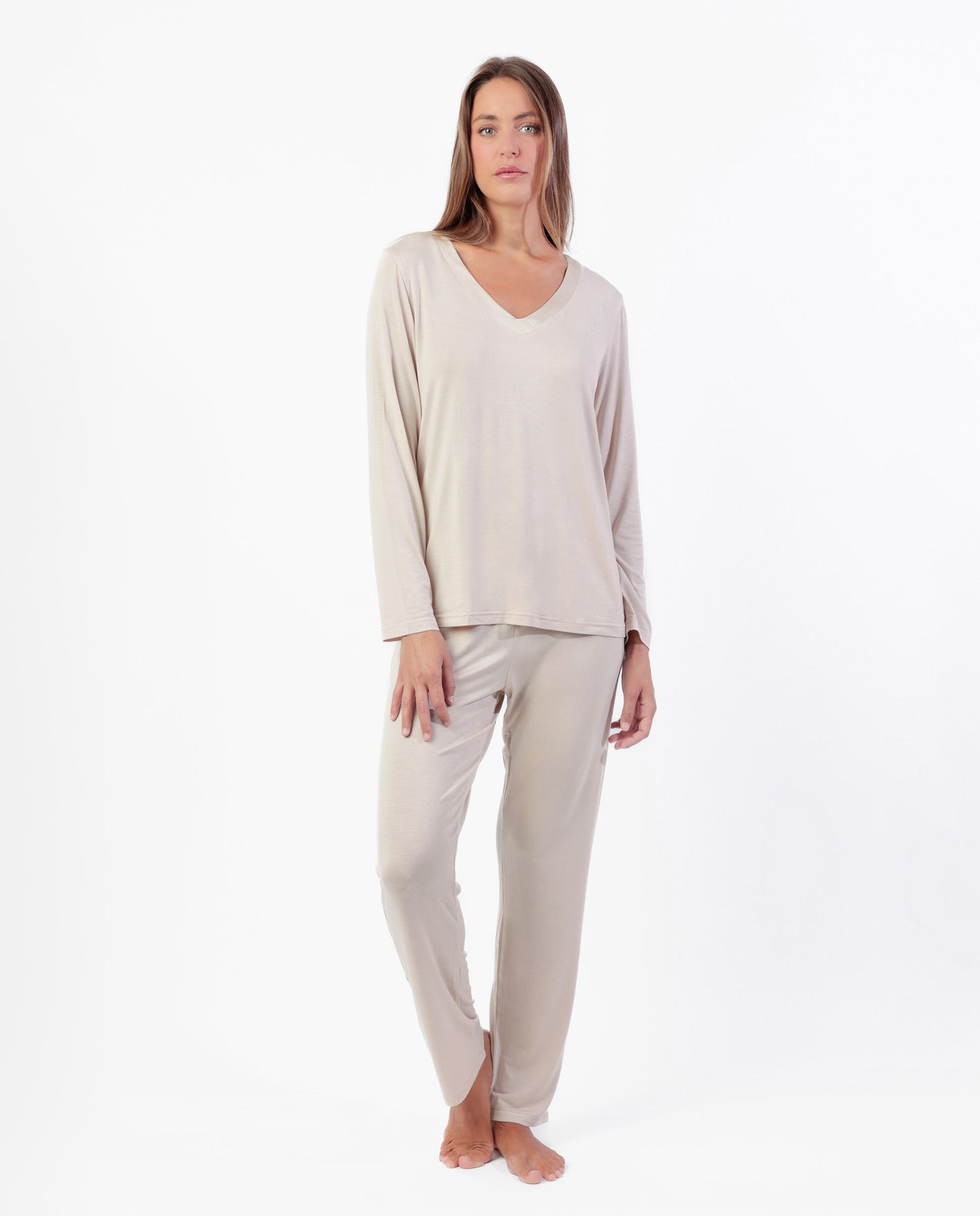 LUXURY Pijama Manga Larga Liso Cava para Mujer