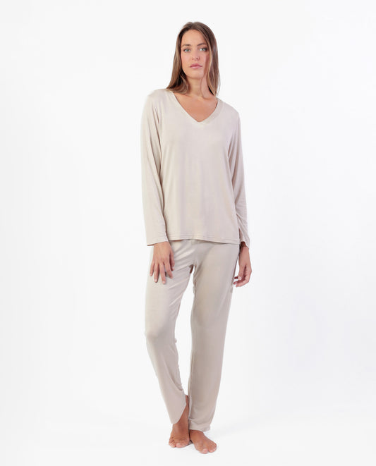 LUXURY Pijama Manga Larga Liso Cava para Mujer