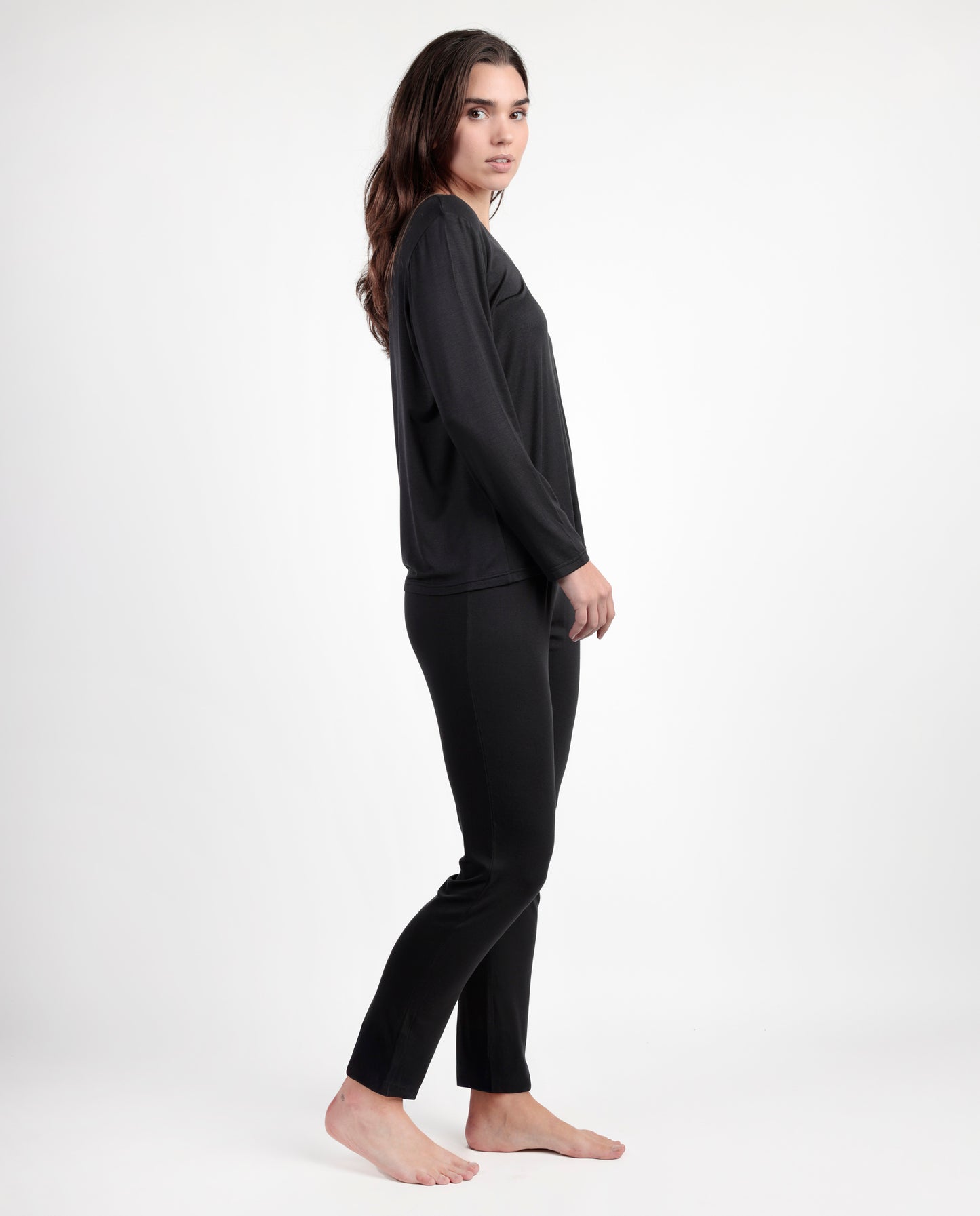 LUXURY Pijama Manga Larga Liso Negro para Mujer