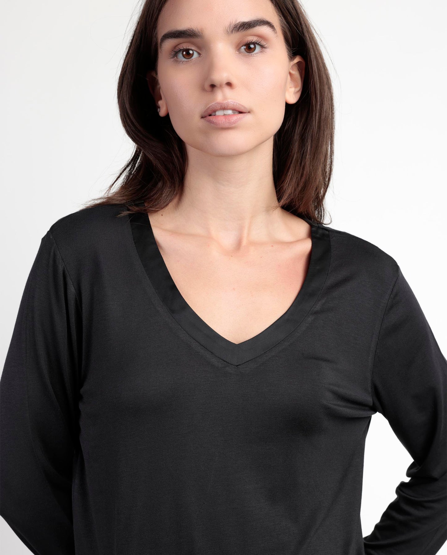 LUXURY Pijama Manga Larga Liso Negro para Mujer