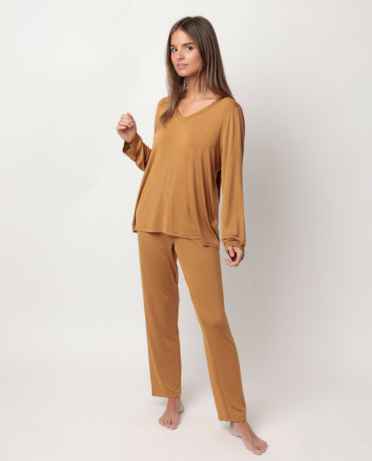 LUXURY Pijama Manga Larga Liso Cobre para Mujer