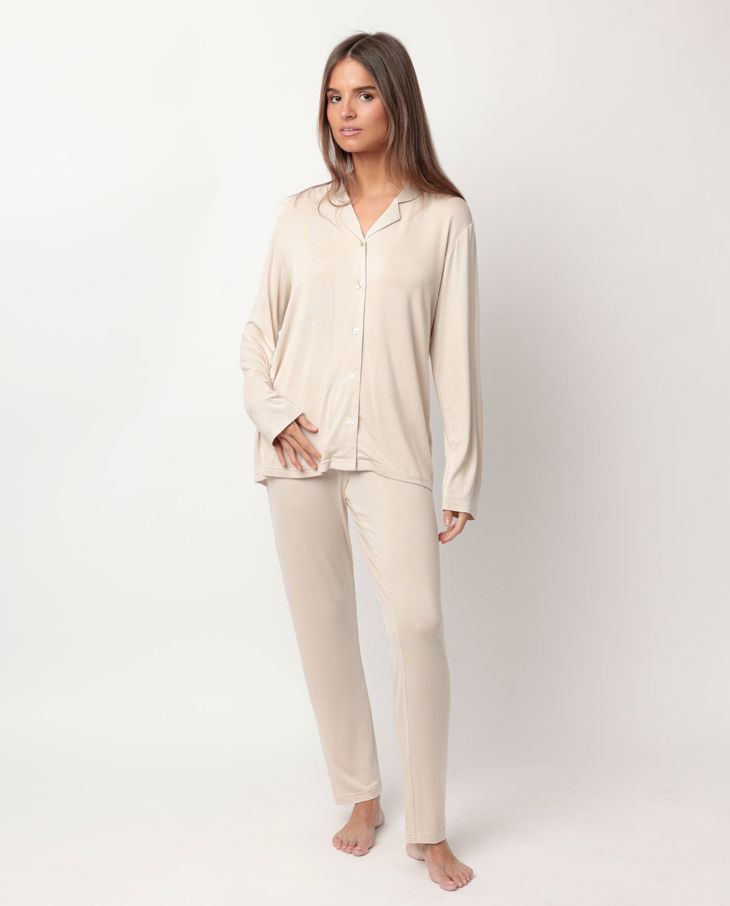 LUXURY Pijama Manga Larga Abierto Liso cava para Mujer