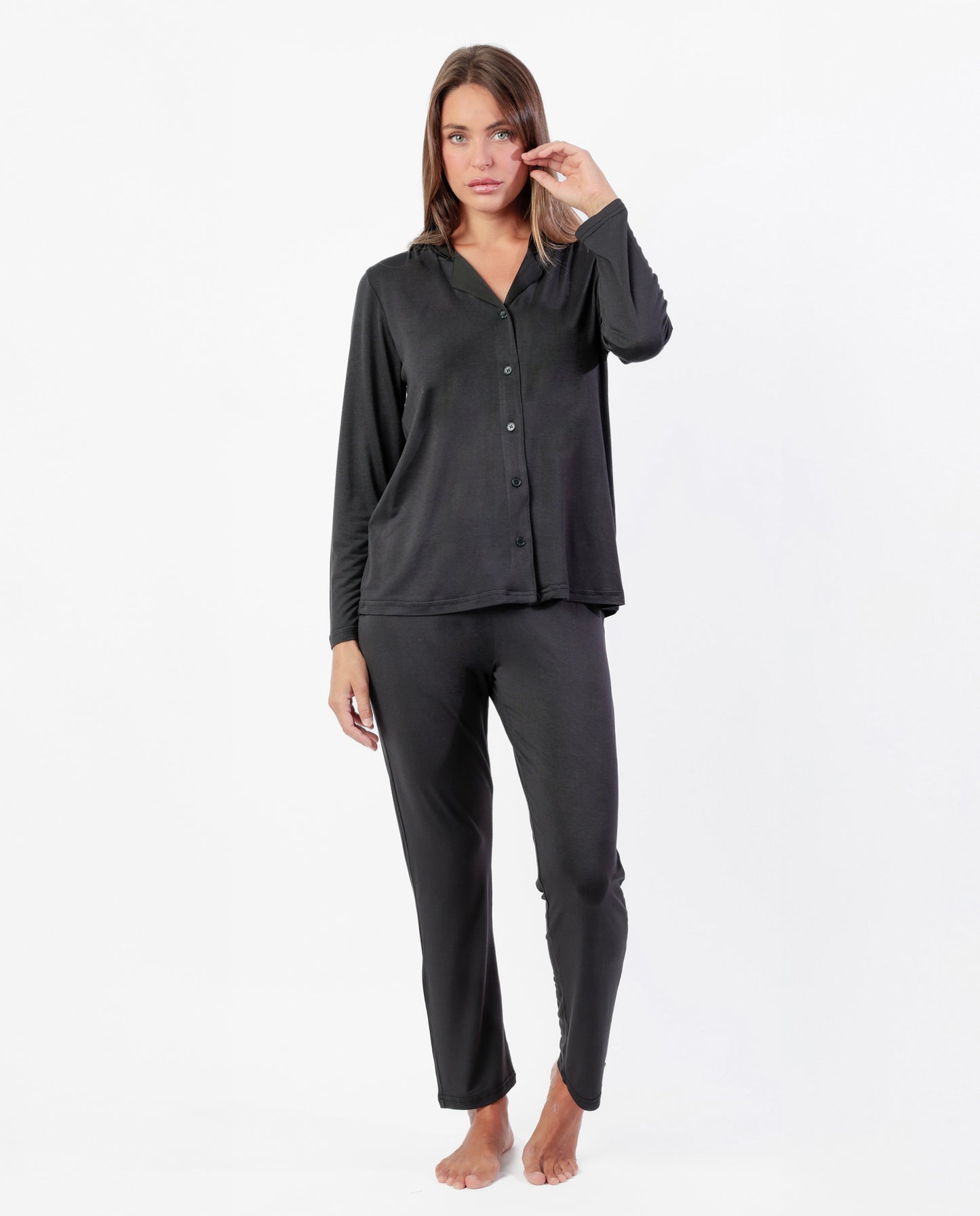 LUXURY Pijama Manga Larga Abierto Liso negro para Mujer